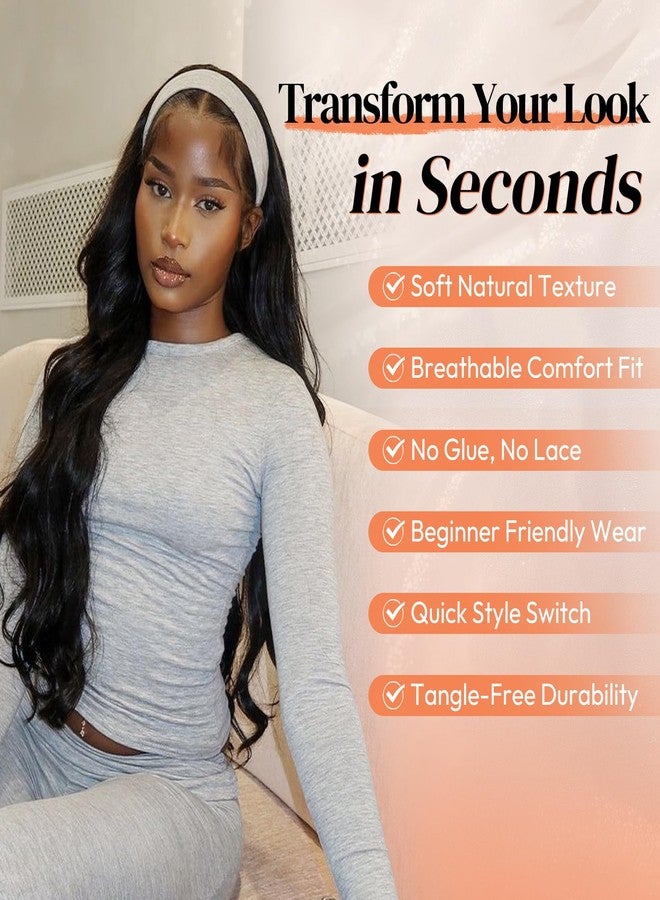 BARSDAR Long Body Wave Black Headband Wig - Black Loose Body Wavy Headband Wig for Women - 26 Inch Thick Soft Synthetic Wear and Go Glueless Wigs Natural Looking Easy Wear Head Band Wigs - Image 3